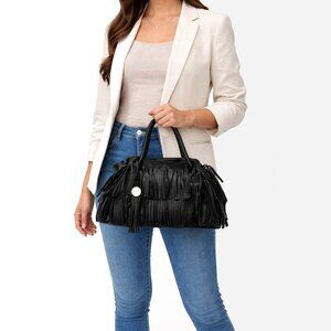Furla Black Pebbled Leather Fringe Tote Satchel Silver Tassel Boho Chic